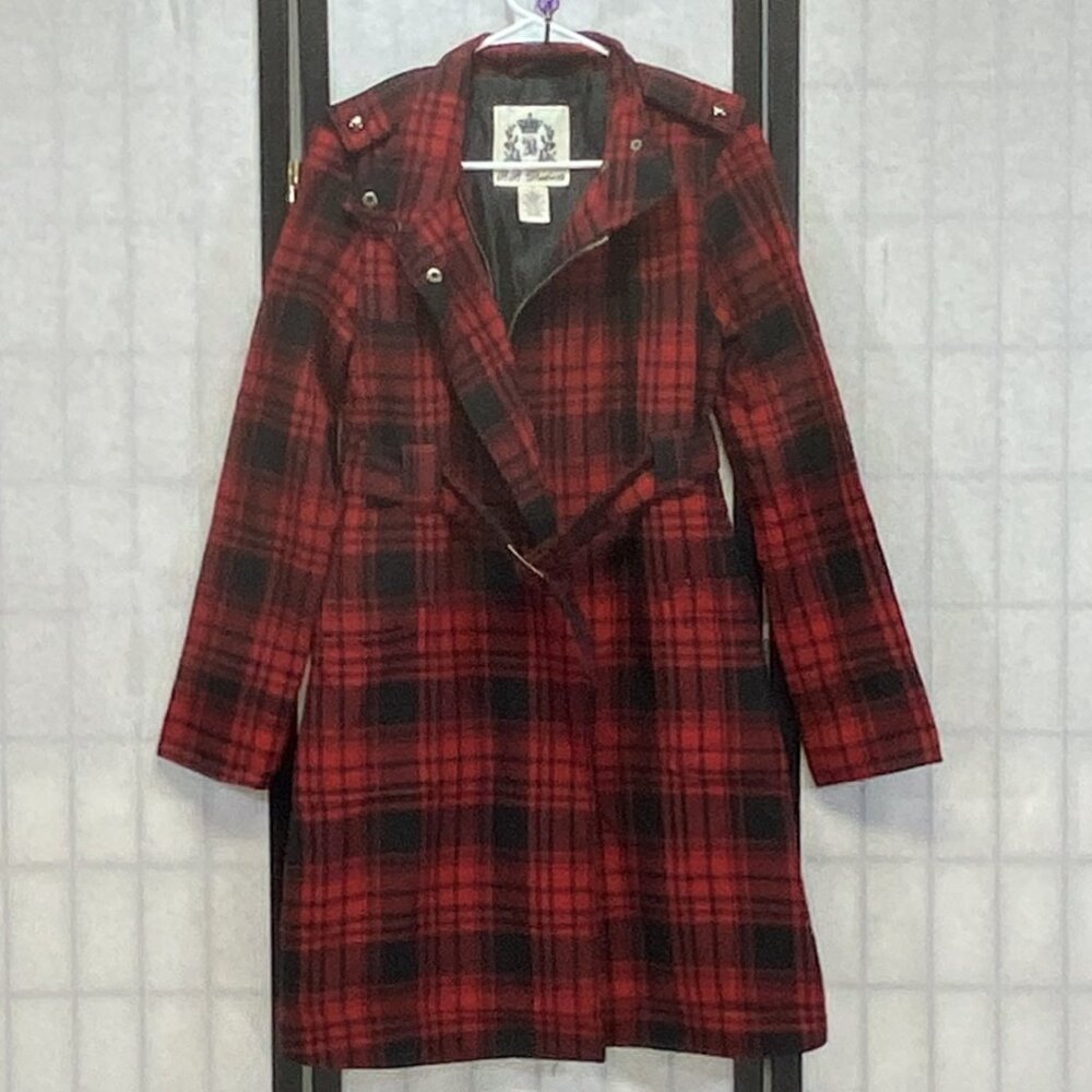 BB Dakota Plaid Wool Blend Long Trench Coat Red Black M Belted Full Zip Hi Neck